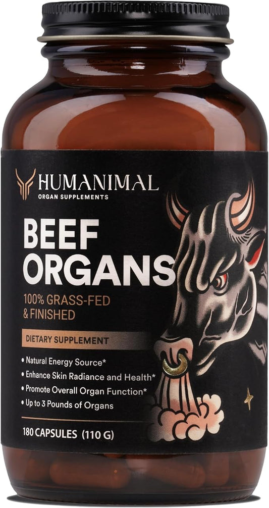Humanimal Beef Organ Supplement | Beef Organ Capsules | 100% Grass-Fed & Finished, Freeze-Dried | Boosts Whole Body Health | A Blend of Liver, Heart, Kidney, Pancreas & Spleen | Non-GMO, 180 Capsules