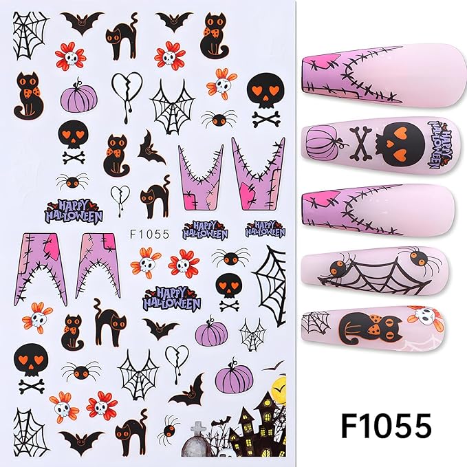 Halloween Nail Art Stickers, Cute Cat Nail Decals 3D Self-Adhesive with Spider Bat Pumpkin Flower Skull Spider Web Design 6Pcs Halloween Nail Art Supplies for Women Nail Decoration