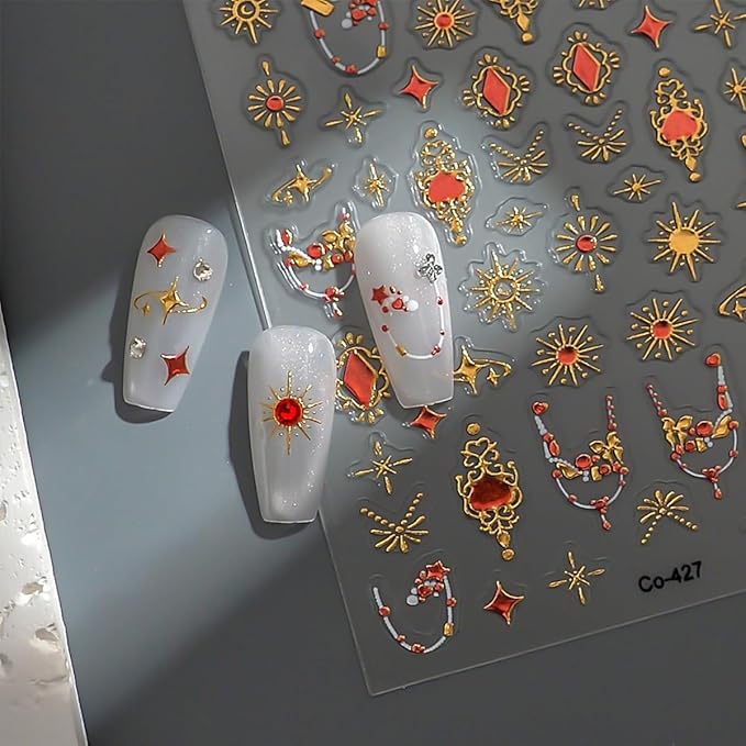 标题： 5D Embossed Bohemia Nail Sticker Self-Adhesive Star Nail Art Stickers Golden Stars Moon Sun with Diamond Design Bohemian Style Nail Art Supplies Gold Nail Decals for Women Manicure Decorations DIY