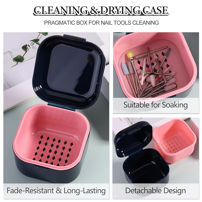 1Pc Plastic Nail Tool Sterilizer Box Nail Drill Bits Cleaning Box Polishing Tools Soaking Tray Manicure Pedicure Storage Container Case - Black