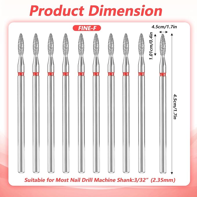 10pcs Diamond Flame Cuticle Drill Bits Set for Dead Skin 3/32'' Nails, Professional Safety Under Nail Cleaner Burr for Cuticle Dead Skin, Dry Manicure Pedicure Shape Remove Nail Salon Toolsv