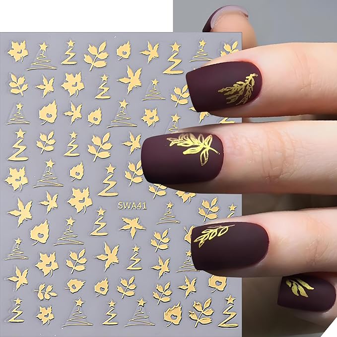 Fall Maple Leaves Nail Art Stickers for Thanksgiving, Gold Silver Maple Leaves Nail Decals 3D Self-Adhesive with Flowers Leaf Design 6Pcs Fall Glitter Nail Art Supplies for Women Nail Decoration