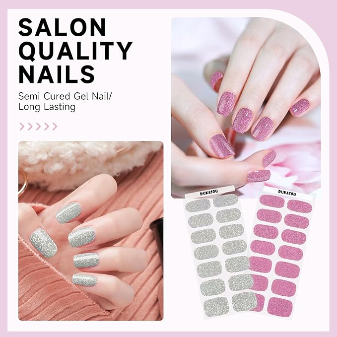 Semi Cured Gel Nail Strips 2 Set, (Glitter Silver/Pink) 56 Pcs Gel Nail Wraps,Stickers Works with Any UV/LED Lamps,Long Lasting,Salon-Quality, Easy to Apply