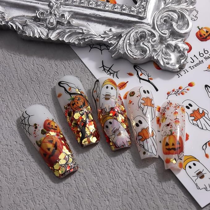 Halloween Nail Art Stickers 3D Pumpkin Flower Ghost Nail Stickers 6PCS Skull Ghosts Virus Leaf Bat Halloween Nails Design Adhesive Decals Manicure Nail Art Accessories Sliders for Women DIY Nail Art