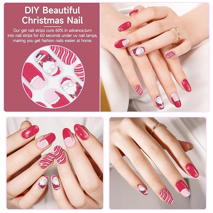 Semi Cured Gel Nail Strips,28 pcs Christmas Nail Stickers for Women,Long Lasting Gel Strips with Any UV Light,Red Santa Sticker for Nails Easy to Apply