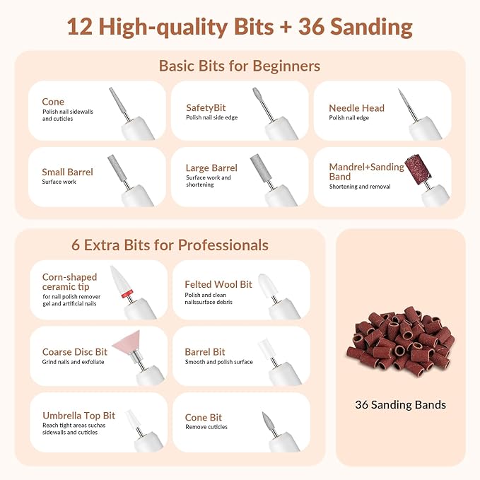 Portable Electric Nail Drill Professional - 30000RPM Cordless Electric Nail File, Manicure Pedicure Kit for Acrylic Nails & Gel Polish Removal, Rechargeable with 12 Drill Bits for Salon and Home