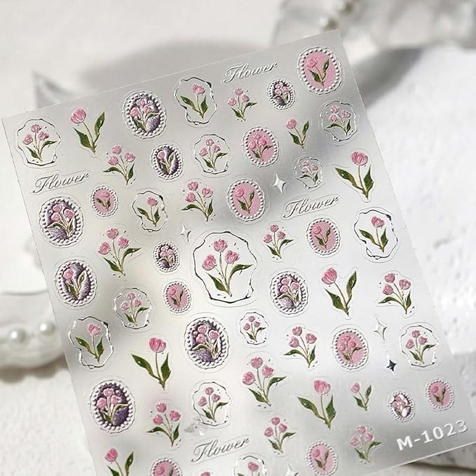 1Pcs Tulip Nail Art Stickers 5D Embossed Flower Nails Decals Silver Hot Stamping Irregular Geometric Frames Design Pink Flower Nail Stickers Self Adhesive Floral Nails Supplies for Women Manicure