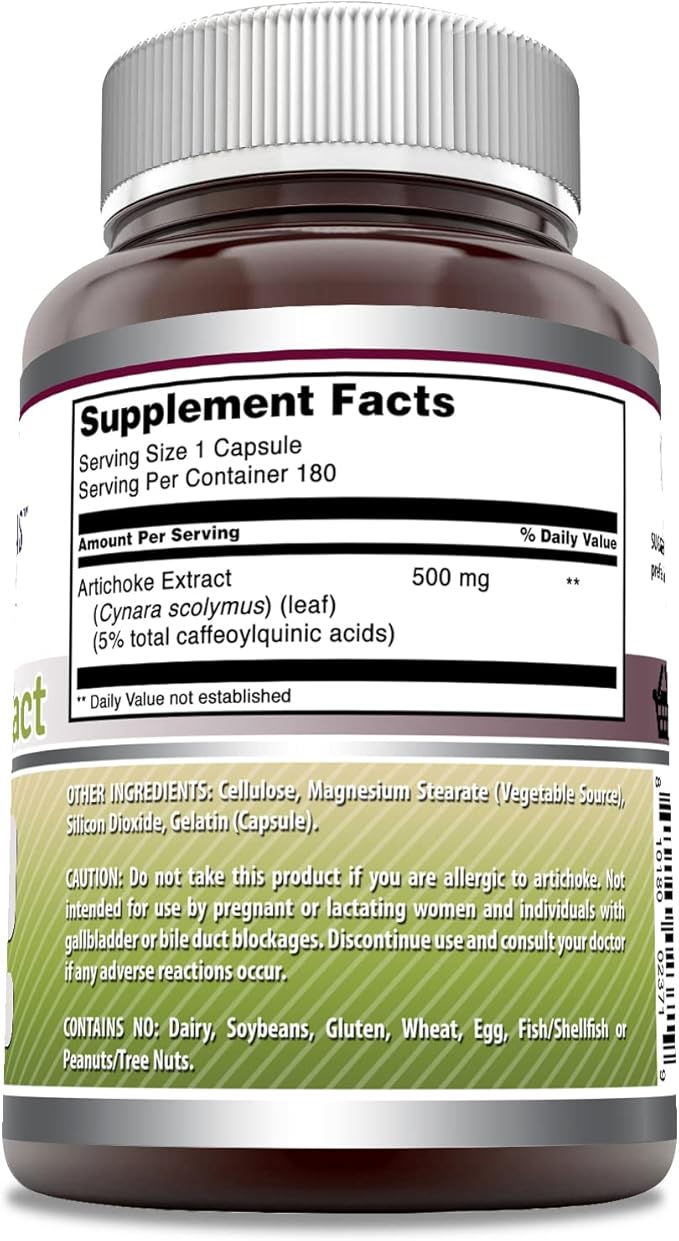 Amazing Formulas Artichoke Extract Supplement | Cynara Scolymus Leaf Capsules| 500 Mg | Capsules | Non-GMO | Gluten Free | Made in USA (1 Pack, 180 Count)