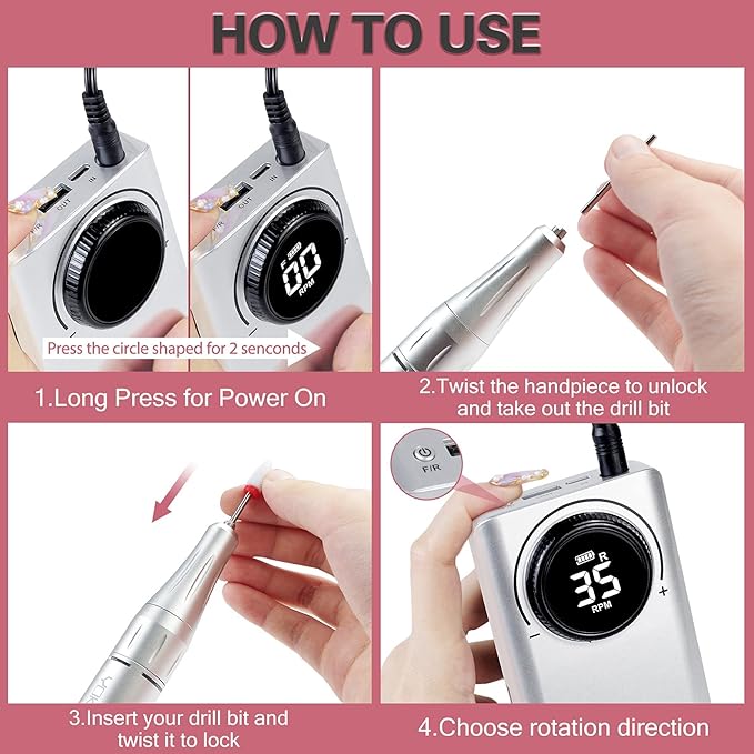 YOKE FELLOW Portable Nail Drill - 35000RPM Professional Nail Drill with HD LCD Display Electric Nail File Drills for Acrylic Nail Tools for Manicure Pedicure