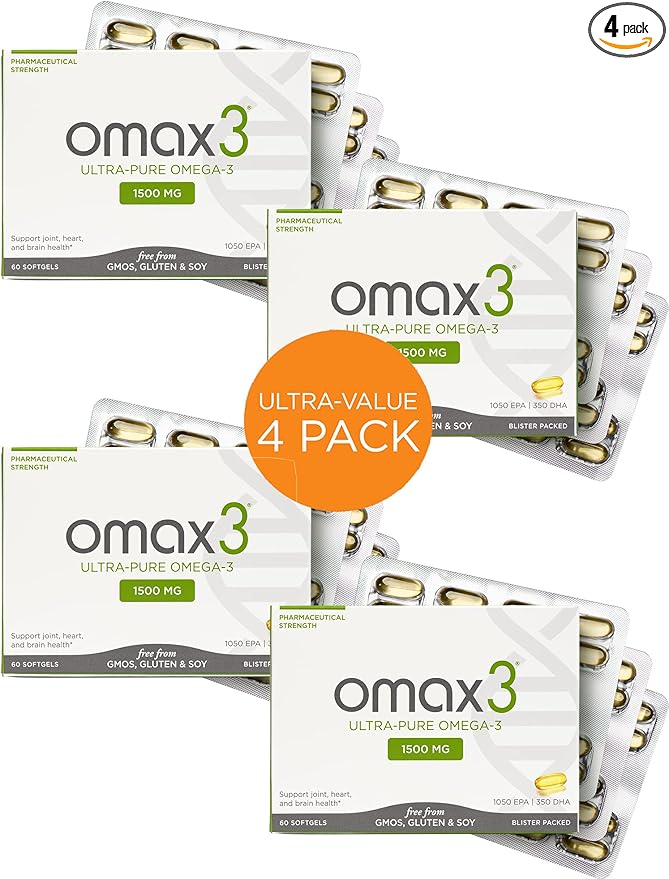 Omax3 4 Boxes Ultra-Pure Omega-3 Fish Oil Pills | High Concentration EPA DHA,1500 MG, Gluten Free, Non-GMO, Made in USA, 240 Softgels Blister Packs (4 Boxes)