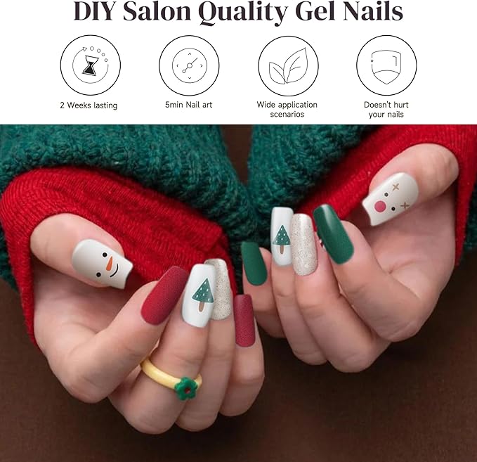Semi Cured Gel Nail Strips, 28 Pcs Christmas Snowman Gel Nails Stickers, Nail Wraps for Women UV Light Needed