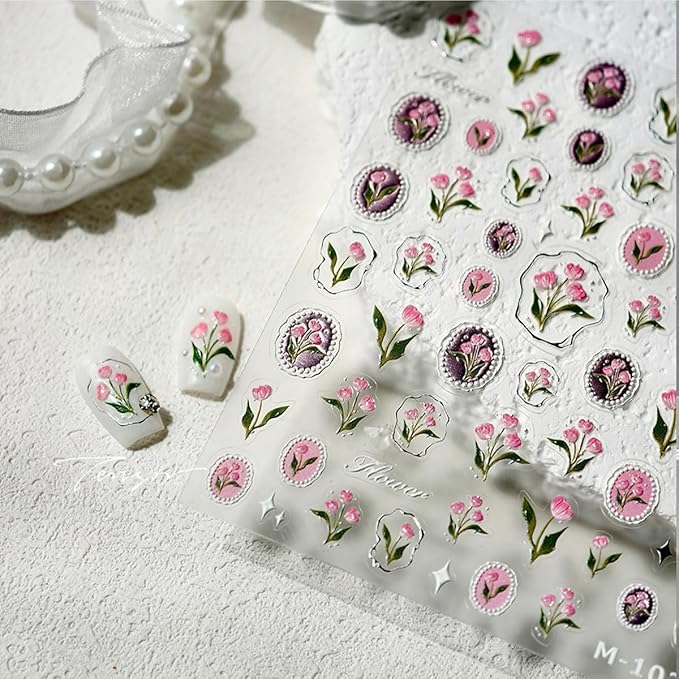 1Pcs Tulip Nail Art Stickers 5D Embossed Flower Nails Decals Silver Hot Stamping Irregular Geometric Frames Design Pink Flower Nail Stickers Self Adhesive Floral Nails Supplies for Women Manicure