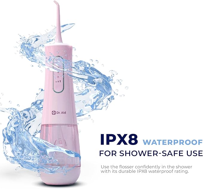 Dr. Aid Dental Water Flosser – Portable Oral Irrigator – 12Oz Tank, Water Filter, 5 Tips, Type C Charger – IPX8 Waterproof Cordless Water Flosser, Ideal Water Flossers for Teeth, Gums, Braces (Pink)