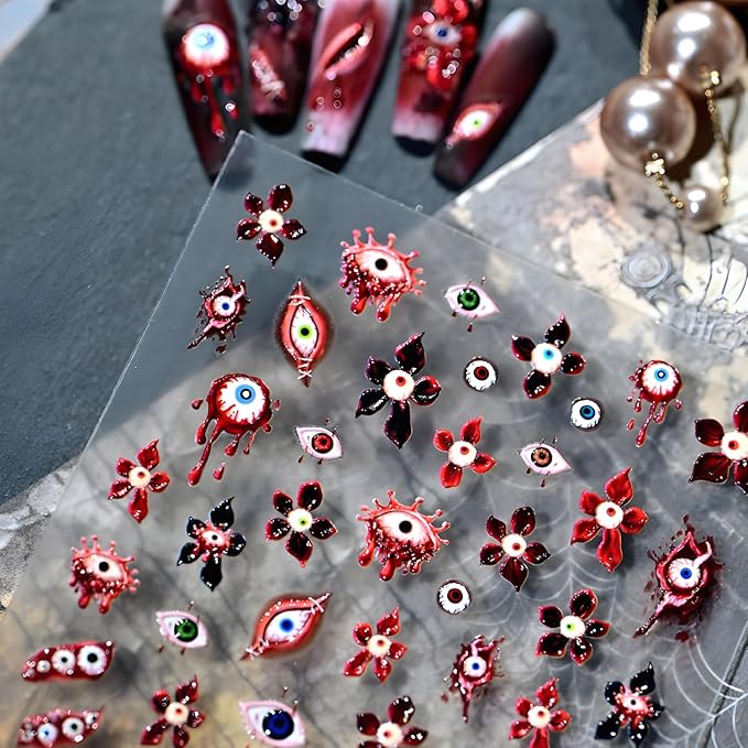 Halloween Nail Stickers Flower Nail Sticker for Nail Art 5D Self-Adhesive Evil Eye Nail Decals Red Nail Art Supplies Accessories Decoration for Women and Girls