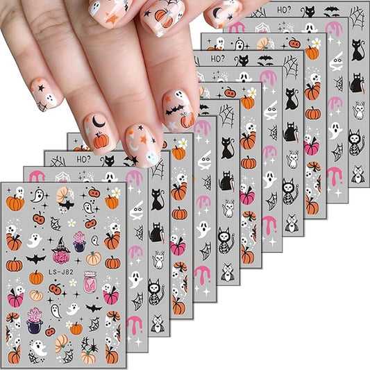 12sheet Halloween Nail Art Stickers Decals Cute Ghost Pumpkin Nail Stickers for Nail Art with Mummy Spider Web Cat Bat Design Nail Stickers 3D Self-Adhesive Nails Supplies for Women Manicure Decor