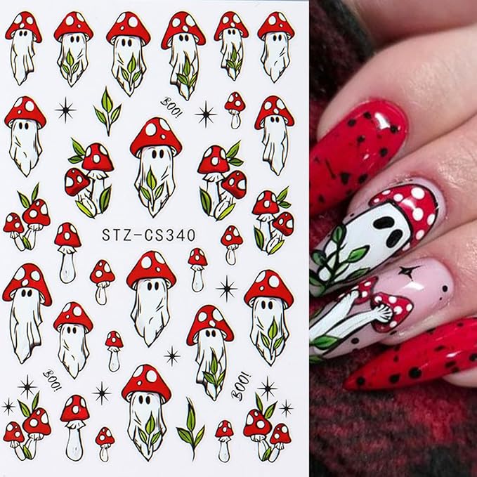 Halloween Nail Art Stickers Decals Mushroom Ghost Skull Nail Decals 6PCS 3D Ghosts Rose Skull Black Cat Pumpkin Spiders Halloween Design Nails Adhesive Sticker Supplies for Women DIY Manicure Nail Art