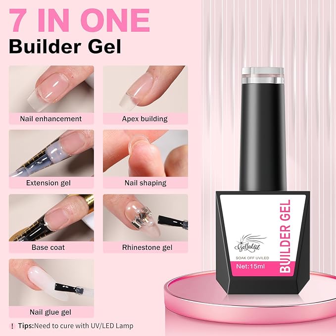 Builder Gel for Nails, 15ml 7 in 1 Builder Gel Nail Polish, LED Lamp Cured for Clear Rubber Base & Strengthener Extensions, Thickening, Repair, Salon-Quality DIY Manicure (Nude)
