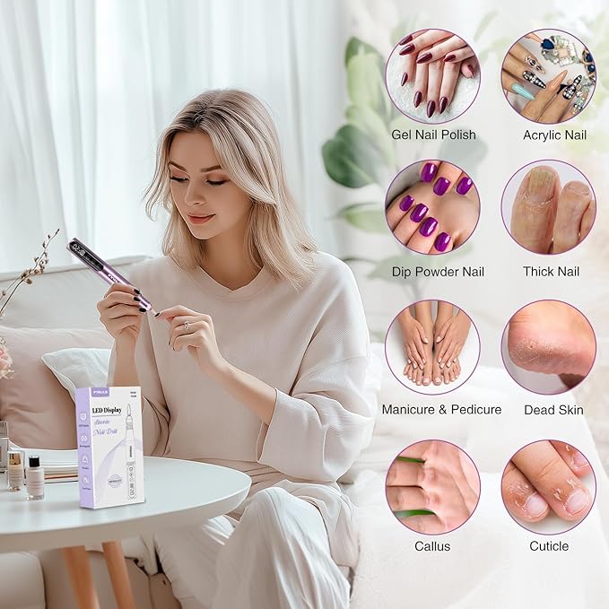 Electric Cordless Nail Drill File: LED Display Professional Portable Nail Drill for Acrylic Gel Dip Powder Nails Manicure Pedicure Kit Tool with Nail Drill Bits Sanding Bands, Purple