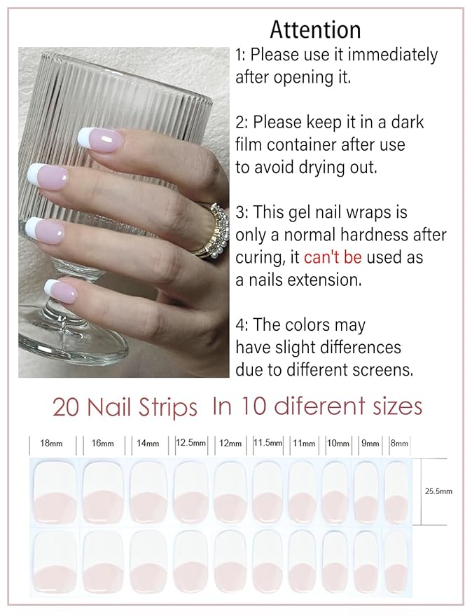 Semi Cured Gel Nail Strips, 20pcs Classic French, Semitransparent Pink Base, Gel Nail Stickers UV for Home Nails DIY