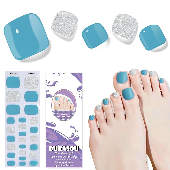 Semi Cured Gel Toe Nail Strips,26 Pcs Toe Nail Stickers Wraps for Summer Holiday(Light Blue),Gel Strips UV Light Required,Easy to Apply