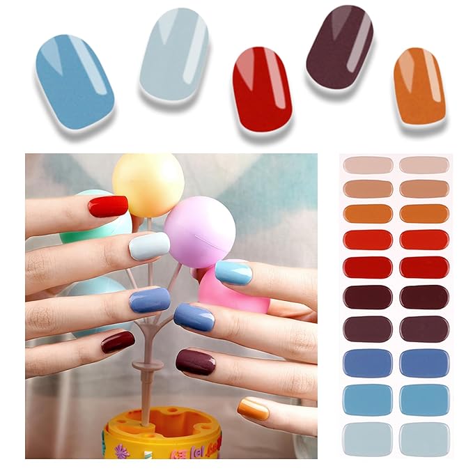 Semi Cured Gel Nail Strips, 20pcs Real Nail Polish Art Stickers, Colorful Gel Nail Stickers - Work with Any UV Lamp, Long Lasting Full Wraps with Nails File and Stick