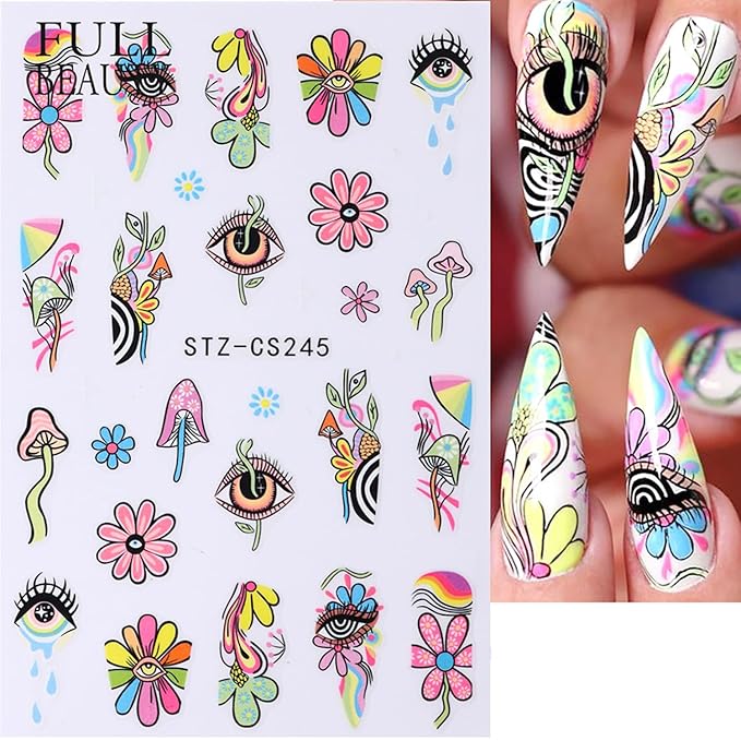 8 Sheets Nail Art Stickers Graffiti Flower Evil Eye 3D Self-Adhesive Nail Decals Rainbow Mushroom Star Moon Designs Nail Decorations Summer Nail Stickers Colorful Nail Supplies for Women DIY Manicure