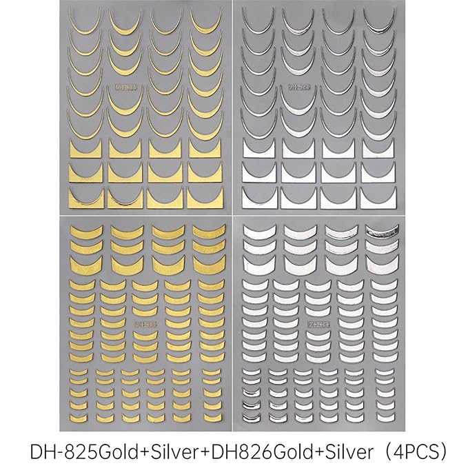 French Line Nail Art Stickers Decals, 4Pcs Gold Silver French Nail Decals 3D Metal Curve Stripe Wave Lines Nail Design French Nail Supplies for Nails Adhesive Sticker Slider DIY Manicure Accessories