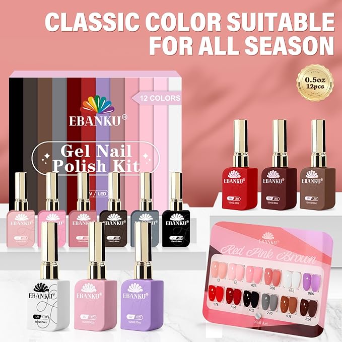 EBANKU 12 Pcs 15ML Gel Nail Polish Set, Same Color Same Bottle Red Pink Nude Brown Fall Soak Off Gel Nail Polish Kit Nail Art Manicure Gifts for Women