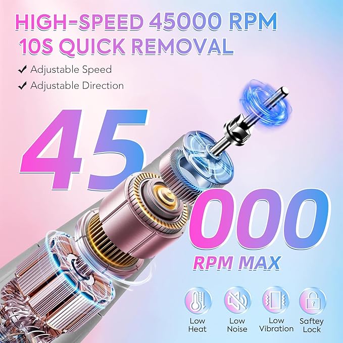 Electric Nail Drill Professional 45000RPM, Portable Cordless Nail File for Acrylic & Gel Nails, Rechargeable E-File Machine with 7 Drill Bits, 56 Sanding Bands & Base, for Salon or DIY Home (Gradient)