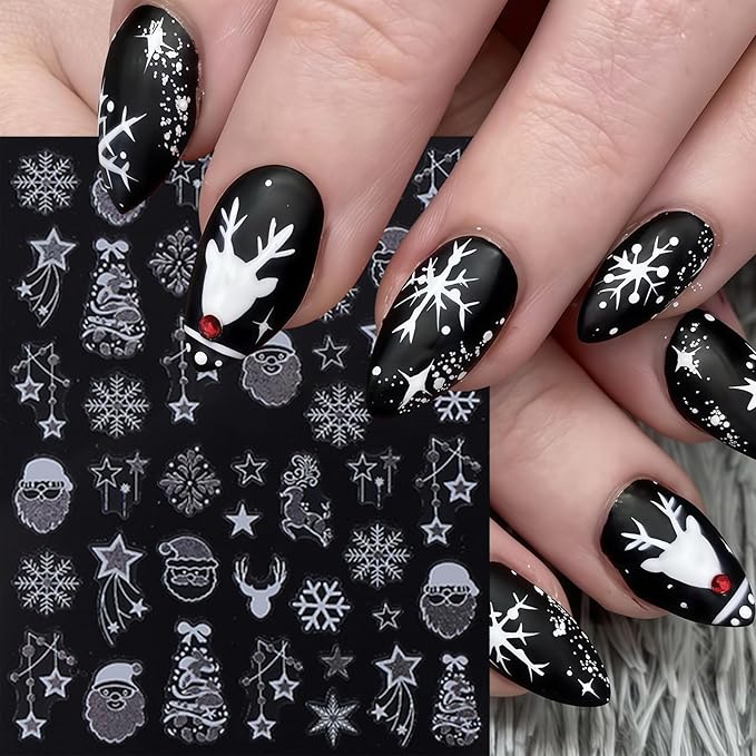 9 Sheets New Year Nail Stickers 3D Self-Adhesive Santa Claus Christmas Snowflake Nail Decals Elk Bow Xmas Tree Snowball Nail Art Stickers Butterfly Star Nail Decoration Supplies for Women Nail Designs