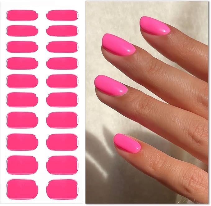 JMEOWIO Gel Nail Stickers Bright Pink Semi Cured Gel Nail Strips Wraps UV/LED Nails Art Design Decoration Accessories
