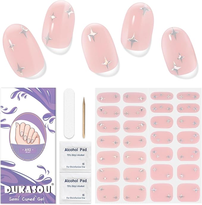 Semi Cured Gel Nail Strips | 4th of July Gel Nails Strips for Women Work with Any UV Lamp, Star Nail Stickers for Women Home DIY Nails Art (Aurora Star)