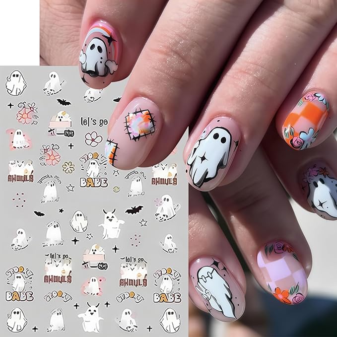 8 Sheets Halloween Nail Art Stickers Cute Flower Ghost Pumpkin Nail Decals Spooky Ghost Spider Web Bats Nail Design Stickers Floral Star Moon Nail Art Supplies for Women Holiday Nail Art Decorations