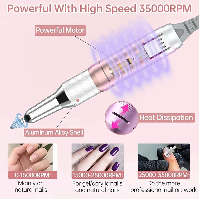 Delanie Professional Portable Electric Nail Drill Machine, 35000 RPM Rechargeable Cordless Nail Filer Electric Nail File Efle for Dip Powder Acrylic Gel Nail, Salon Nail Tool, Rose Gold