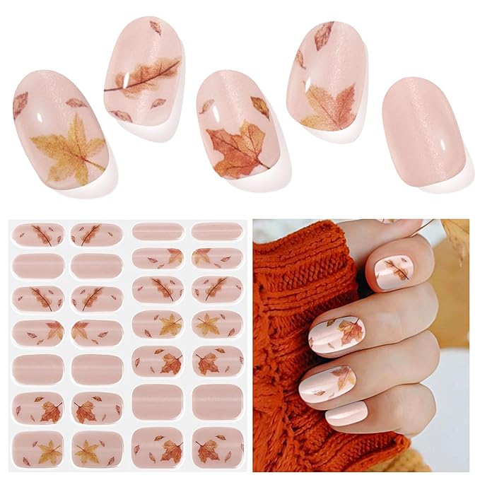 Semi Cured Gel Nail Strips, Cat's Eye Maple Leaf | 28 pcs Autumn Fall Gel Nail Stickers Work with Any UV Lamp, Salon Quality NailWraps for Autumn, Include Prep Pads, File&Wood Stick