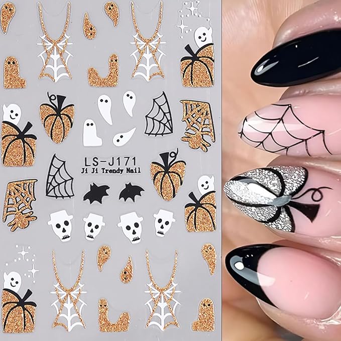 10 Sheets Halloween Nail Stickers for Nail Art Ghost Nail Art Sticker 3D Self-Adhesive Silver Gold Glitter Pumpkin Spider Web Spooky Spider Bat Nail Decals Stickers for Halloween Nails DIY