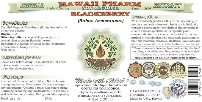 BlackBerry Alcohol-Free Liquid Extract, BlackBerry (Rubus Armeniacus) Root Glycerite Hawaii Pharm Natural Herbal Supplement 2x32 oz Unfiltered