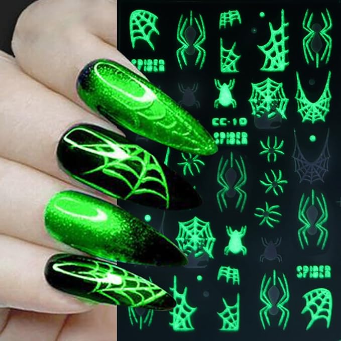 8 Sheets Halloween Spider Nail Art Stickers Decals Glow in The Dark Stickers 3D Self-Adhesive Luminous Ghost Spider Web Spider Nail Art Design Decals Charms for Holiday Acrylic DIY Nail Decoration