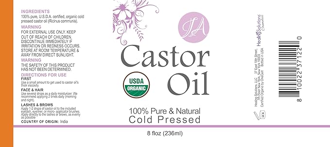 Healing Solutions Oils - 8 oz Castor Oil Organic Pure Natural, Cold Pressed, Hexane & Chemical Free Natural Solution, Lash Serum, Stimulates Growth For Hair, Eyelash, Eyebrows, Scalp & Beard - 236ml