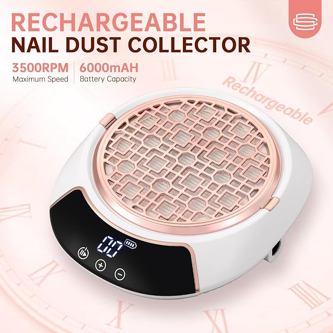 Rechargeable Nail Dust Collector Cordless Powerful Vacuum Fan with LED Display, Adjustable Speed, Reusable Fillter, Manicure Tool for Acrylic Nails, Salon & Home White