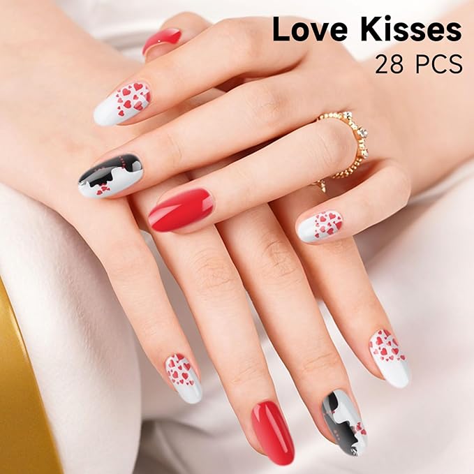 Semi Cured Gel Nail Strips, 28 pcs Gel Nails Stickers for Women Wedding Party Work with Any UV Lamp, Long Lasting Nail Wraps for Home DIY Nails Art (Love Kisses)