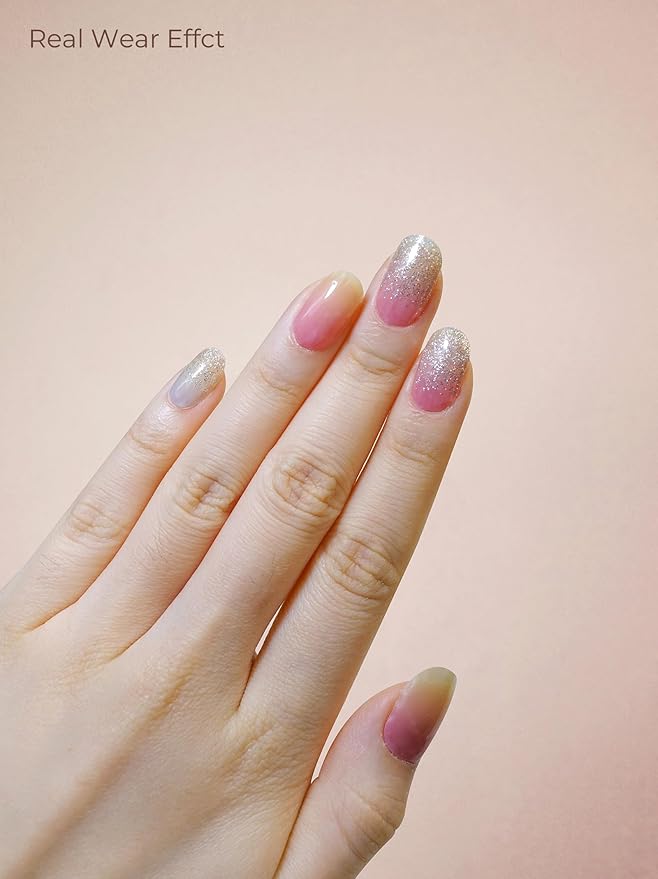 Pre Cured Gel Nail Strips - 44PCS Salon Quality Gel Nail Stickers - Long Lasting Polish Wraps for Women no UV Light Needed Easy Apply& Remove (Rainbow Pink Glow）