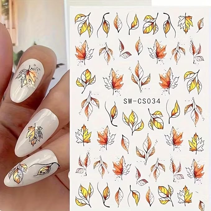 Fall Nail Art Stickers Decals 6Pcs Maple Leaves Nail Art Decals 3D Self-Adhesive Yellow Fallen Leaves Nails Stickers Cute Thanksgiving Day Manicure Sliders for Women Acrylic Nails Art Decorations