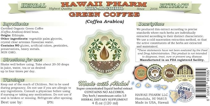 Green Coffee Alcohol-Free Liquid Extract, Green Coffee (Coffea Arabica) Dried Bean Glycerite Hawaii Pharm Natural Herbal Supplement 64 oz