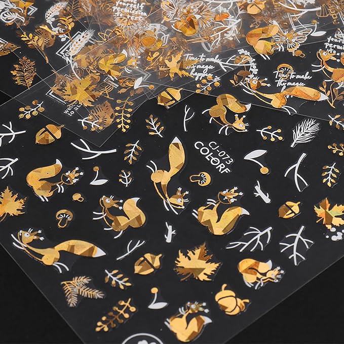 Laser Golden Fall Maple Leaves Nail Art Stickers, Maple Leaves Nail Decals 3D Self-Adhesive with Fan Blade Butterfly Squirrel Flower Design 6Pcs Nail Art Supplies for Women Nail Decoration