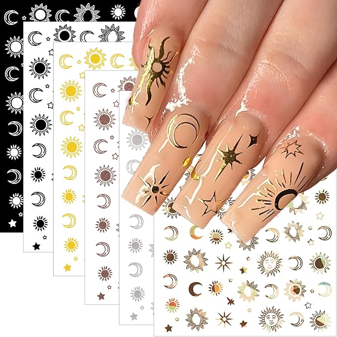12 Sheets Sun Moon Star Nail Art Stickers Decals, 3D Self-Adhesive Fashion Trendy Minimalist Colorful Rose Gold Pegatinas Uñas Design, DIY Manicure Decoration Supplies Accessories for Women Girls