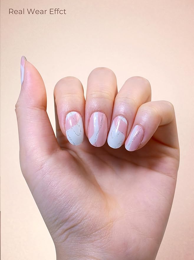 Pre Cured Gel Nail Strips - 44PCS Salon Quality Gel Nail Stickers - Long Lasting Polish Wraps for Women no UV Light Needed Easy Apply& Remove (Marble Pink)