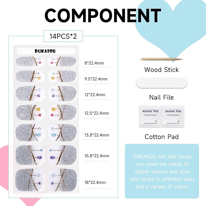 Semi Cured Gel Nail Strips, 28 pcs Gel Nail Stickers Work with Any UV Lights, Long-Lasting Nail Wraps, Stick on Nails for women Easy to Apply & Remove
