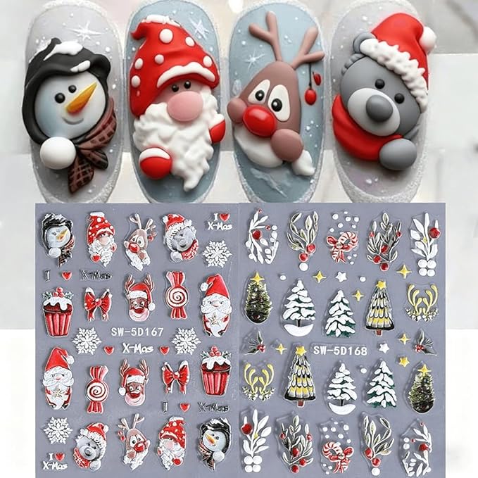 Christmas Nail Stickers 5D Embossed Christmas Tree Nail Art Stickers Winter Santa Claus Nail Decals Self Adhesive Xmas Nail Design Sticker Cute Nails Decoration for Women Manicure Accessories 2Pcs