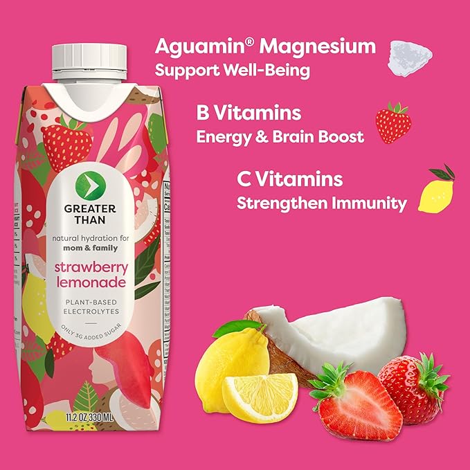 Greater Than Nutrient Hydration Beverage, Electrolyte Drink for Gut Health & Energy with Coconut Water, Vitamins, Gluten Free, Plant Based, Low Sugar, Strawberry Lemonade, 24 Pack